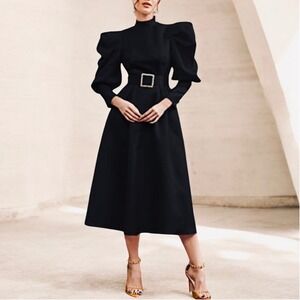 SHEIN Gigot Women's Black Sleeve Buckle Belted Mock Neck Dress XS